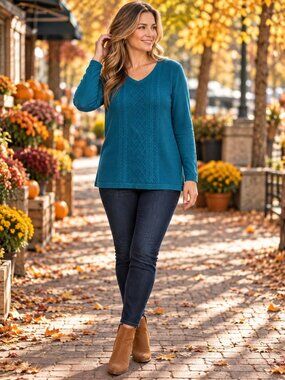 Talbots Teal Cable Knit V-Neck Sweater Women's Large Cotton